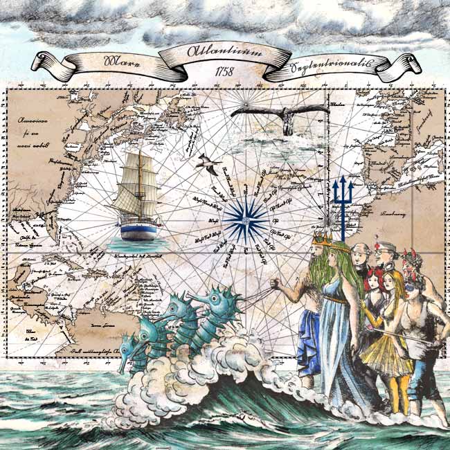 Meike Kohls historical nautical chart of north atlantic with neptun and his entourage, tallship, compass, wale